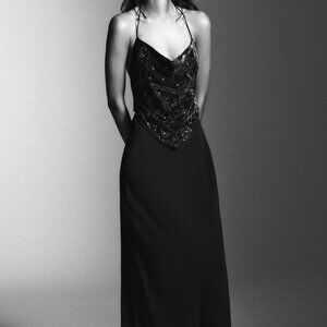 NWT SIZE SMALL LONG VELVET BEADED DRESS Dark charcoal gray ZARA 0881/236/835